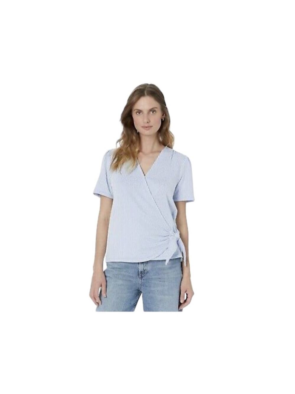 Michael Kors blouse XL faux wrap side tie blue white stripe nautical beach